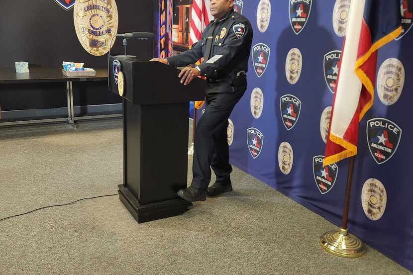 Arlington Police Chief Al Jones speaks at a news conference at Arlington Police Department...