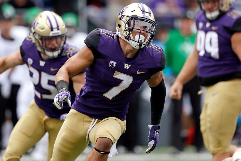 FILE - Washington's Taylor Rapp runs on the field after a play against North Dakota in an...