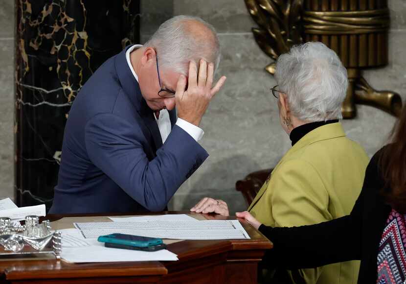 Speaker Pro Tempore Rep. Patrick McHenry, R-NC, talks to Rep. Virginia Foxx, R-NC, after the...