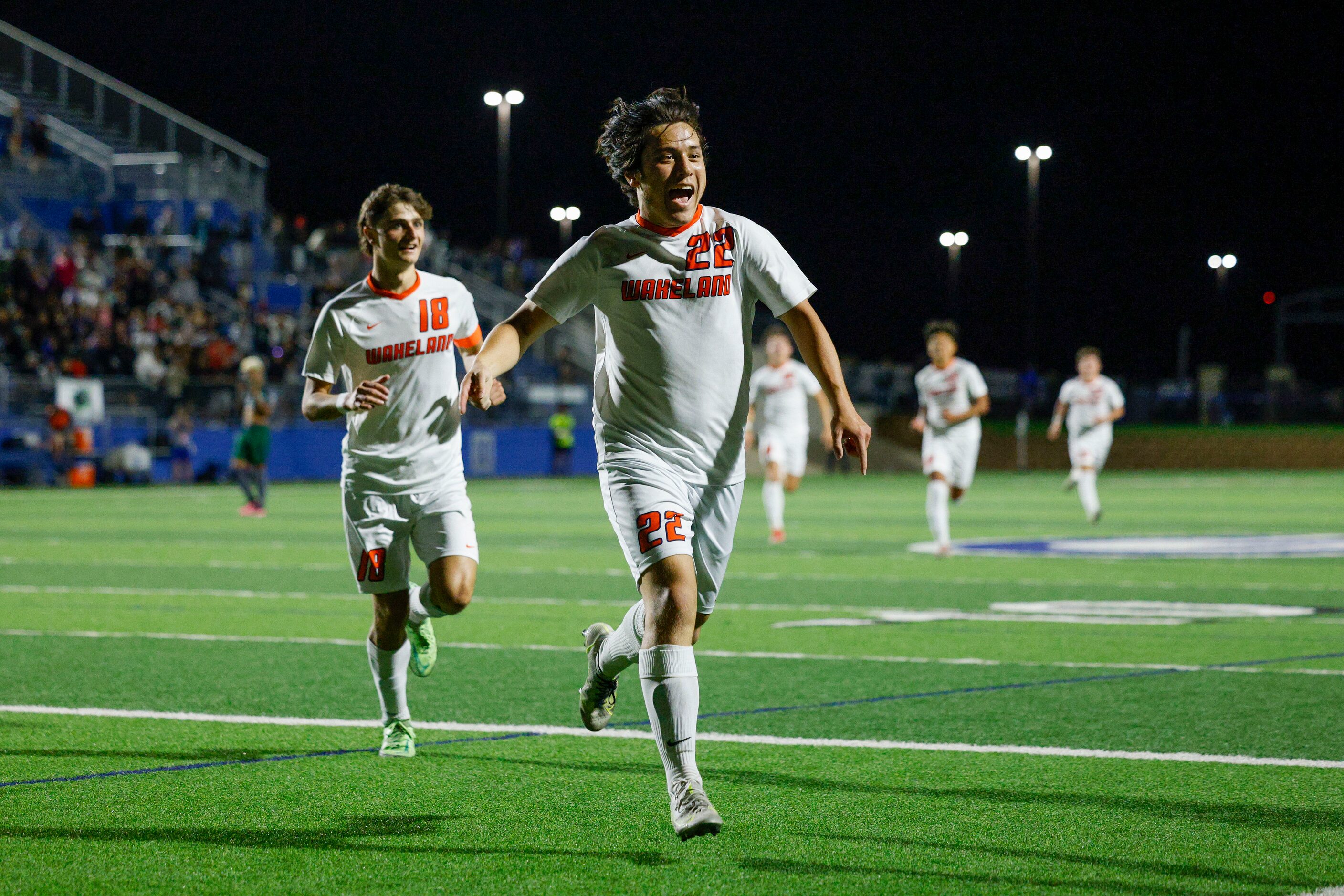 Frisco Wakeland forward Brennan Bezdek (22) and \f28\ celebrate after a goal during the...