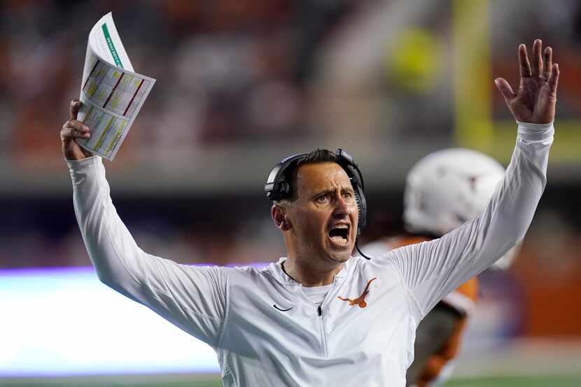 Texas head coach Steve Sarkisian reacts during the second half of an NCAA college football...