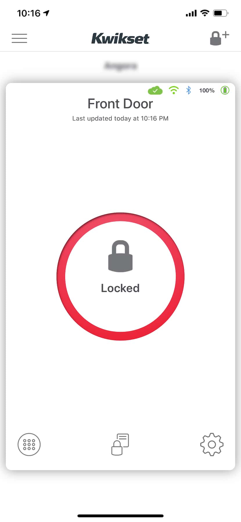 The main screen of the Kwikset app lets you see the lock status and lock or unlock the door.