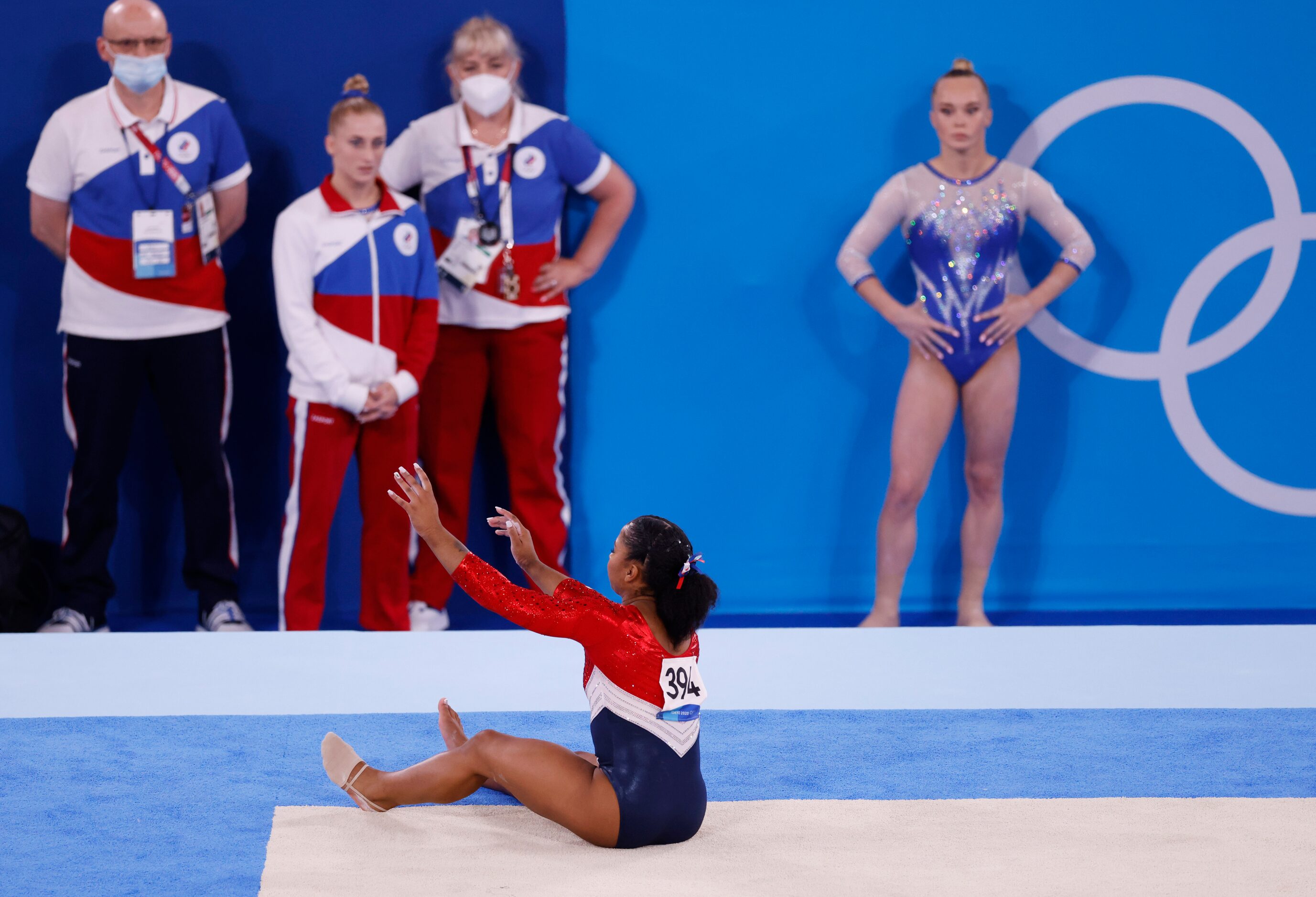 USA’s Jordan Chiles slips on a landing while competing on the floor during the artistic...