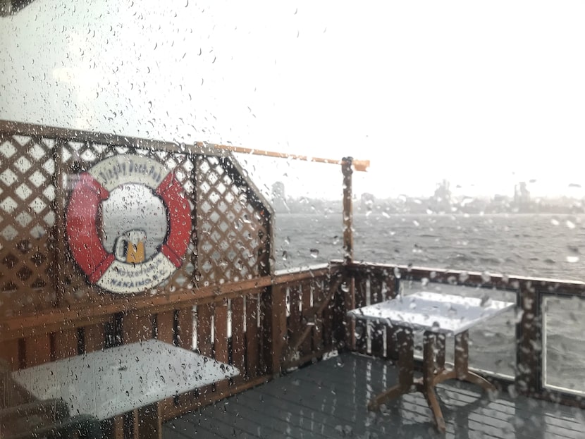 Nanaimo can barely be seen in the distance through the fog and rain from the Dinghy Dock Pub...