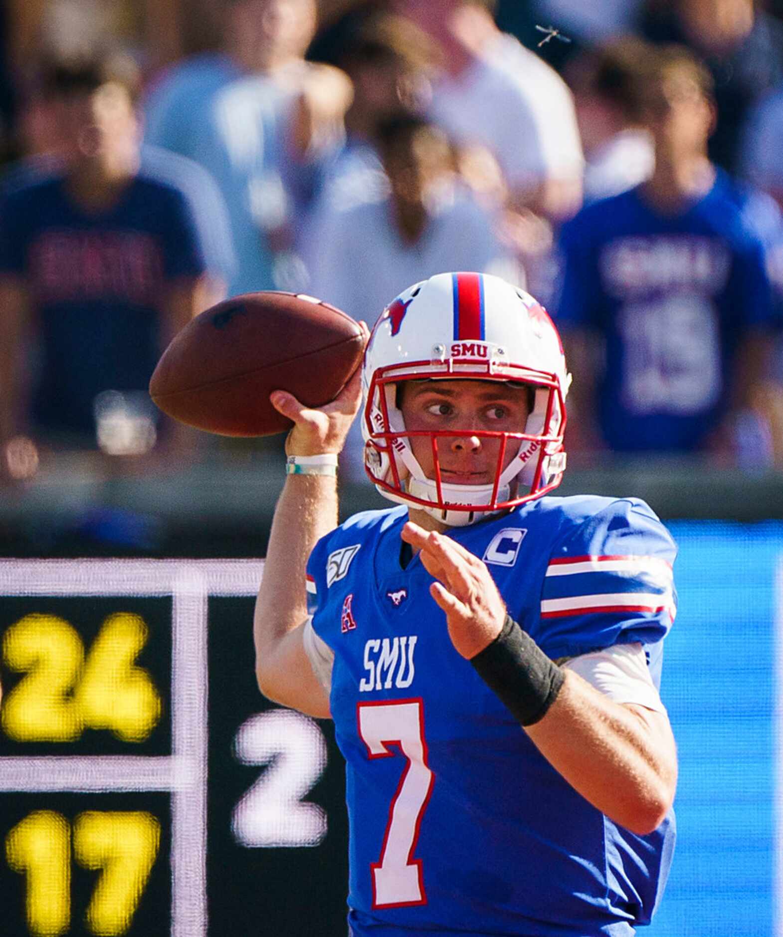 SMU quarterback Shane Buechele (7) throws a pass during the first half of an NCAA football...