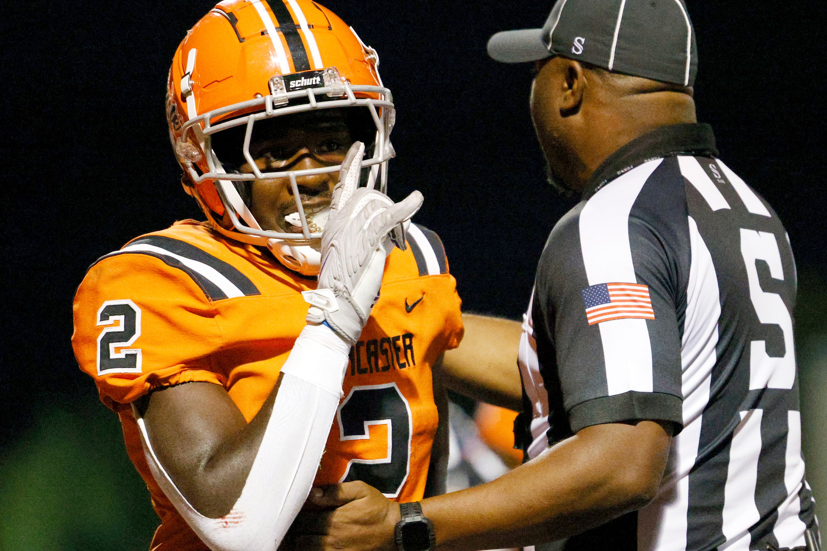 Lancaster running back Izayah Lee (2) celebrates after scoring a touchdown during the first...