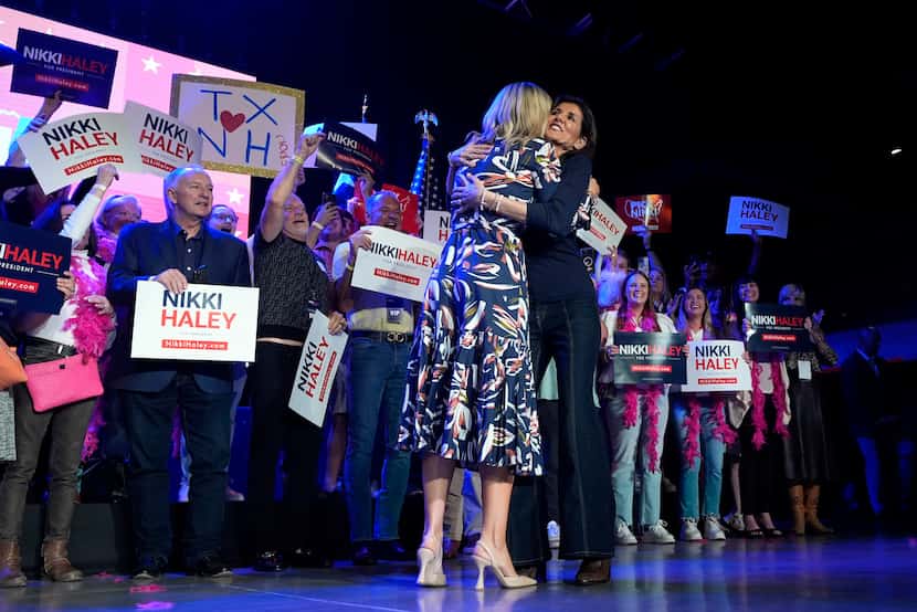 Fort Worth Mayor Mattie Parker, left, hugs Republican presidential candidate former UN...