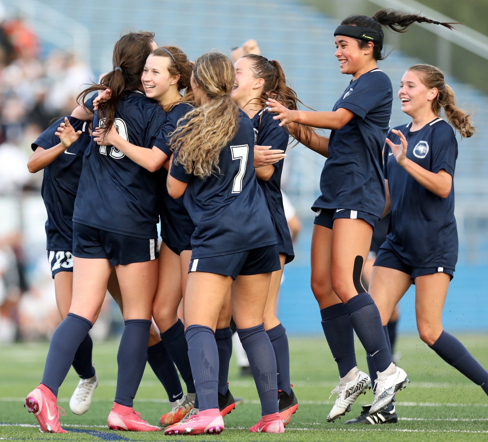 Lewisville Flower Mound players celebrate after a goal against Austin Vandegrift during...