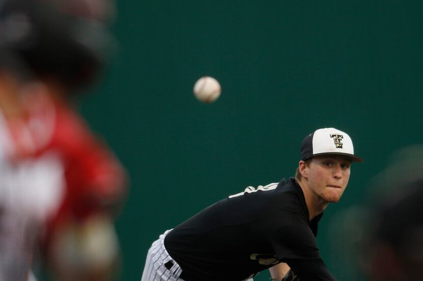 The Colony pitcher Ryan Scott (10) delivers a pitch to a Rockwall Heath batter during the...