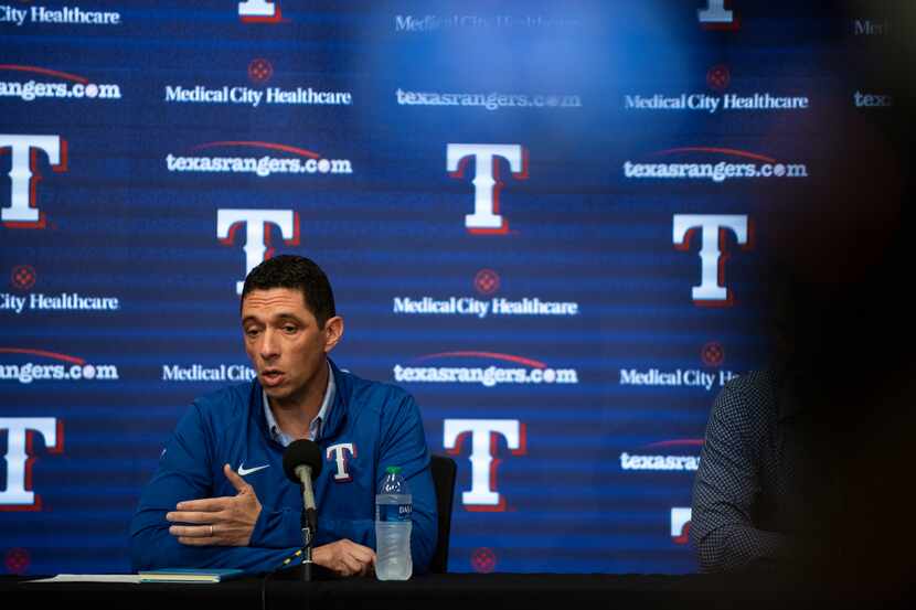 Texas Rangers President of Baseball Operations Jon Daniels answers questions during the...