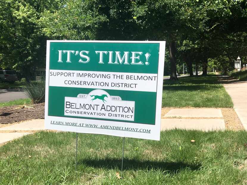An "Amend Belmont" sign was posted in the Belmont Addition neighborhood in Old East Dallas...