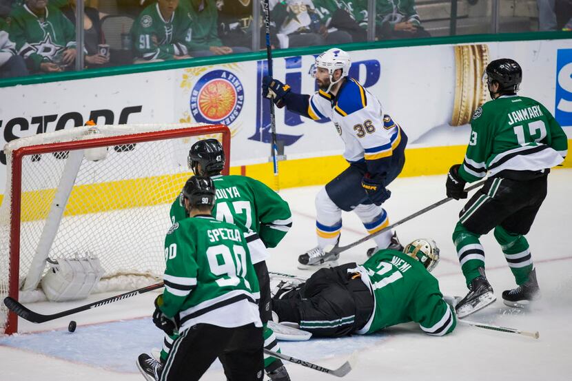 St. Louis Blues right wing Troy Brouwer (36) celebrates after scoring against Dallas Stars...
