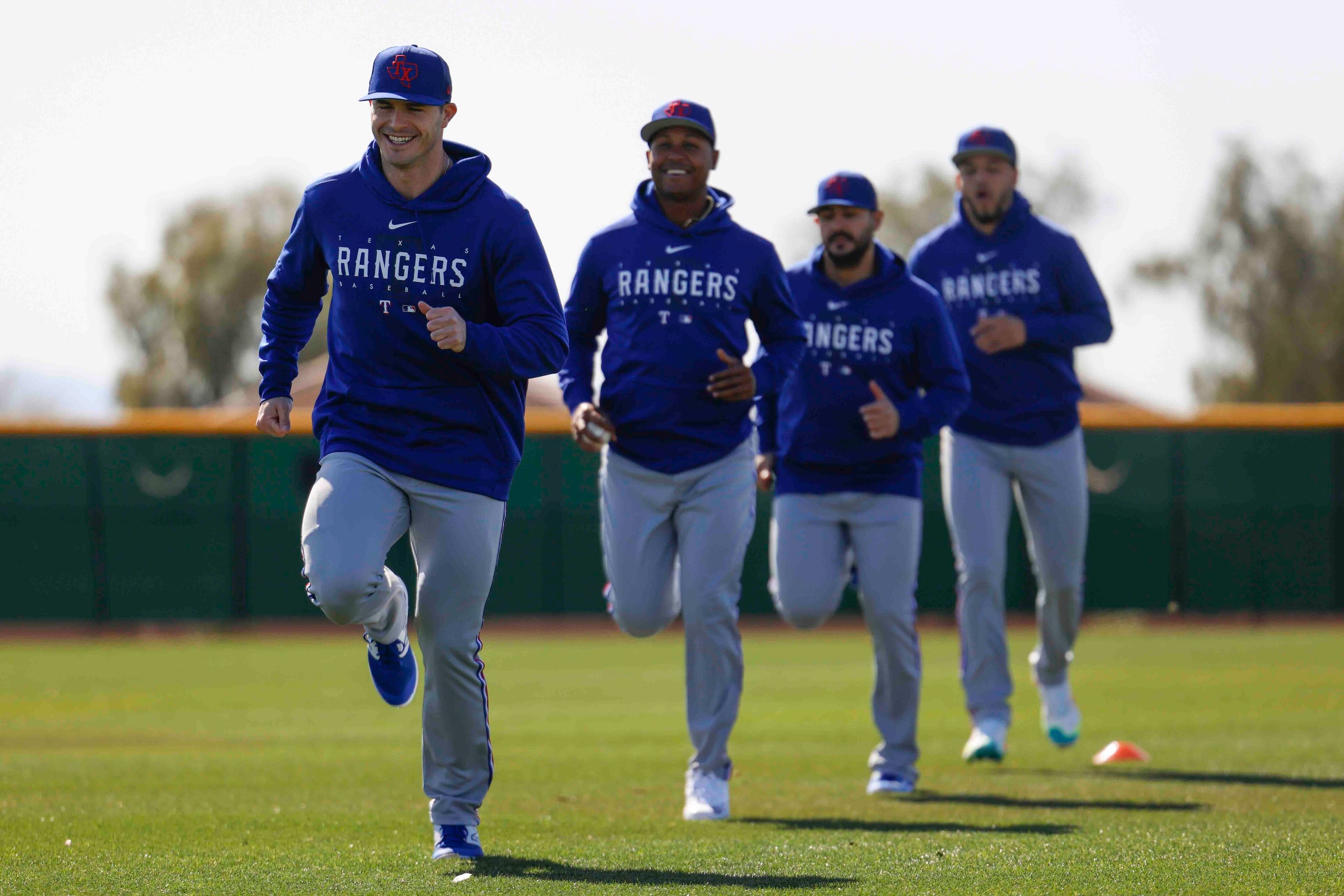 From left, Texas Rangers left handed pitcher John King, right handed pitcher Jose Leclerc...