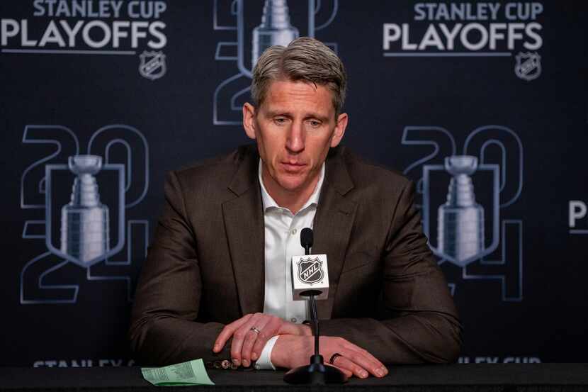 Edmonton Oilers coach Kris Knoblauch speaks during a news conference after Game 5 of the...