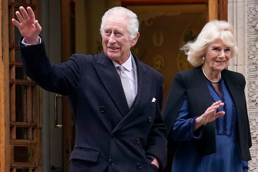 Britain's King Charles III and Queen Camilla leave The London Clinic in central London,...