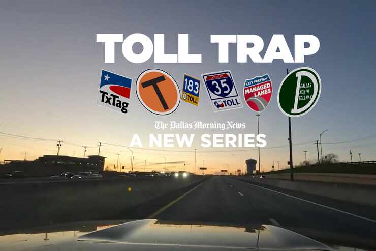 An image shows a car driving down a toll road with the words “Toll Trap,” which is the title...