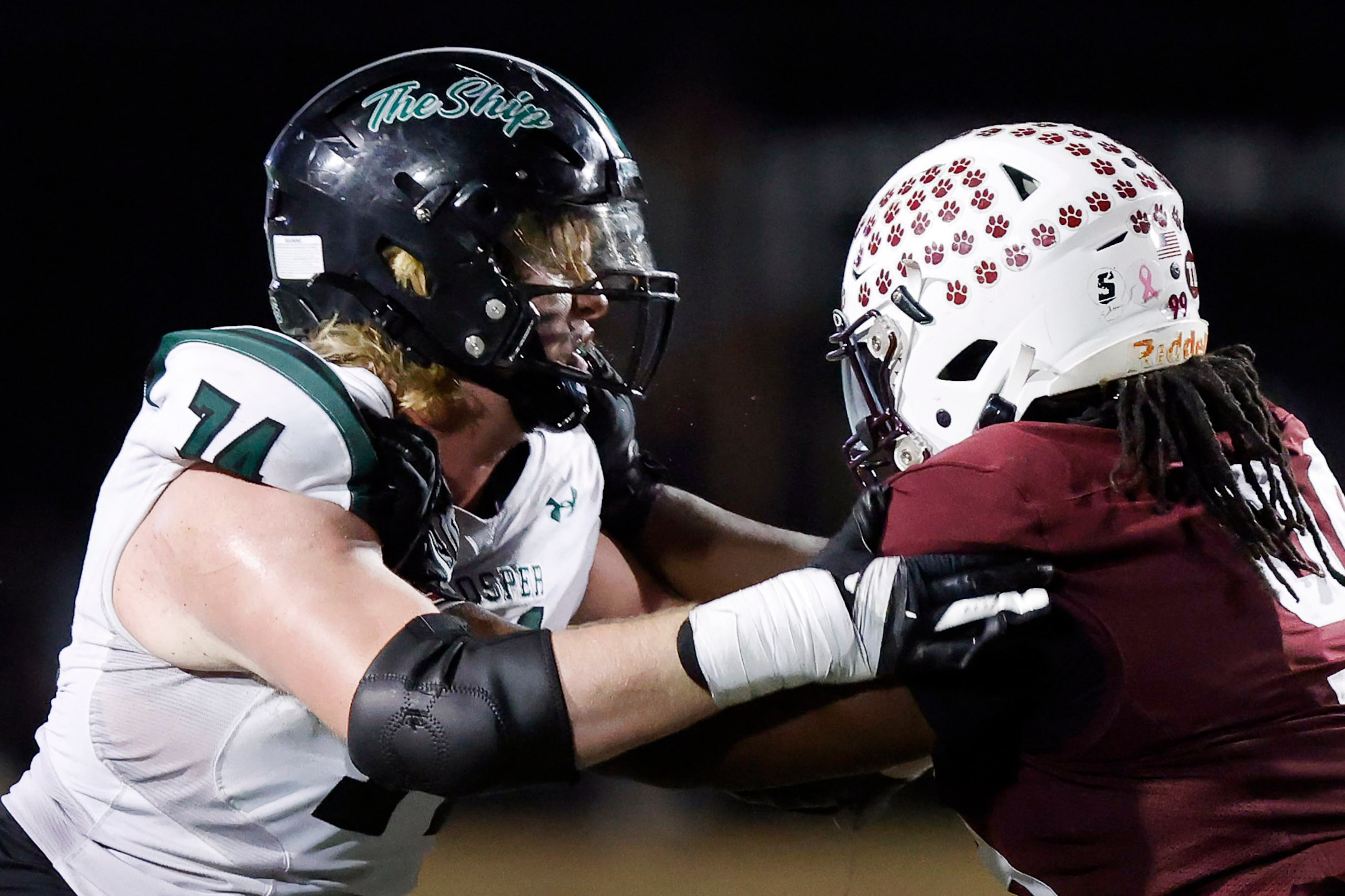 Prosper High offensive lineman Zaden Krempin (74) blocks Plano High’s Rodney Jones (99)...