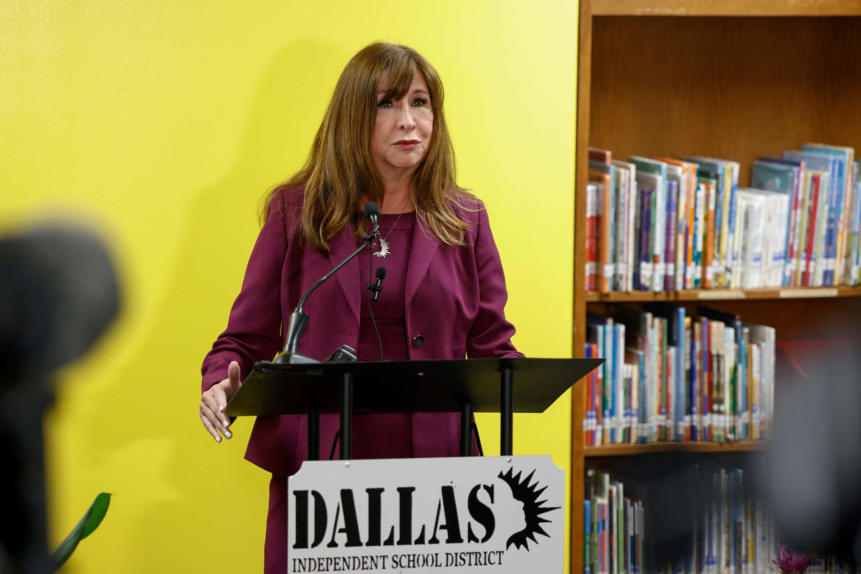 Dallas ISD superintendent Stephanie Elizalde speaks with reporters during a new conference...