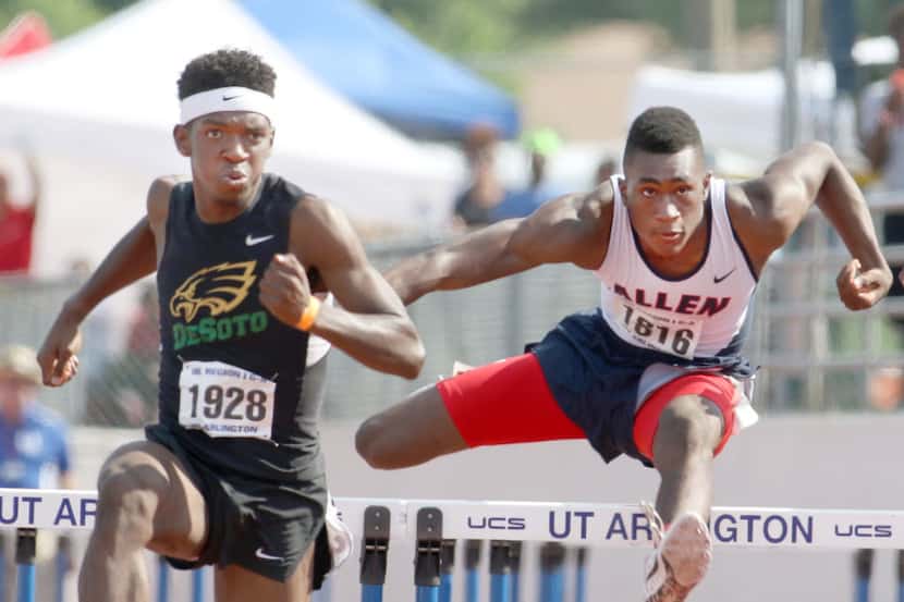 DeSoto's Chevi Armstead, left, clears the final hurdle just in front of Allen's Bryce...