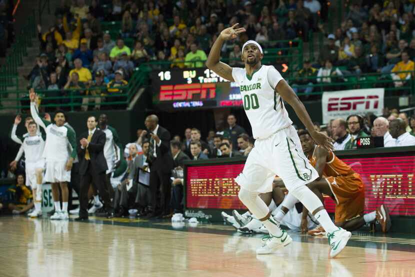 WACO, TX - JANUARY 31: Royce O'Neale #00 of the Baylor Bears celebrates after a made...