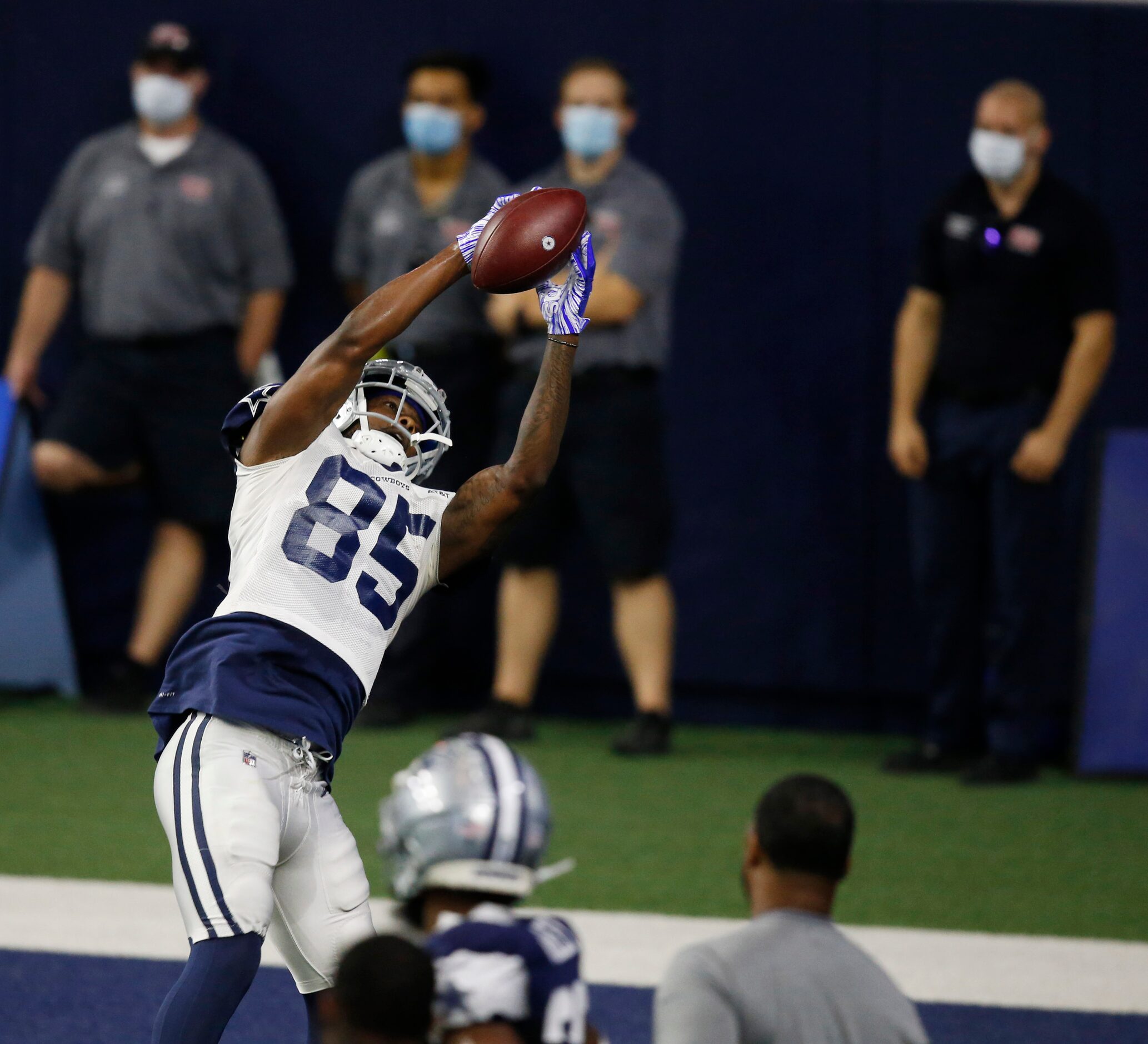 Dallas Cowboys wide receiver Noah Brown (85) leaps for the catch in the end zone on a play...