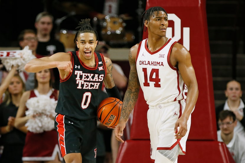 Texas Tech guard Chance McMillian (0) celebrates next to Oklahoma forward Jalon Moore (14)...