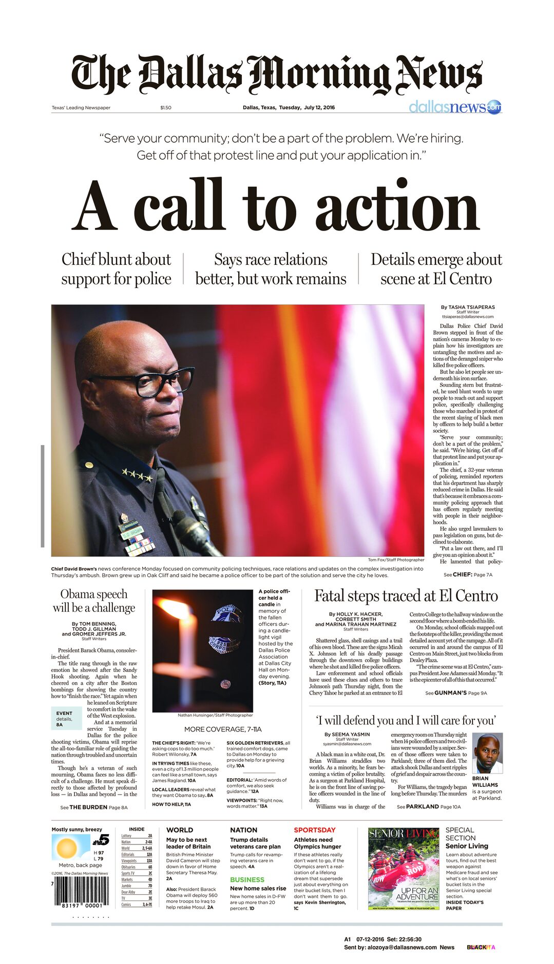 Front page of The Dallas Morning News on July 12, 2016. 