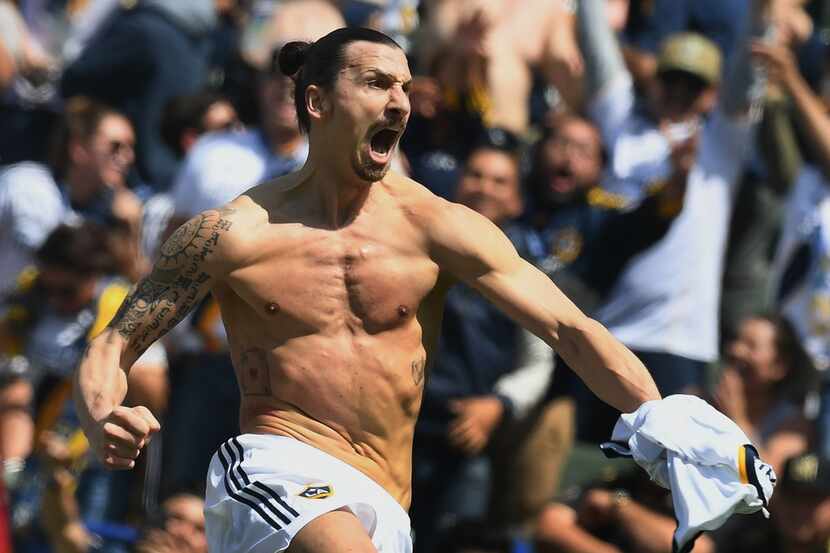TOPSHOT - Zlatan Ibrahimovic from LA Galaxy celebrates after scoring against LAFC during...