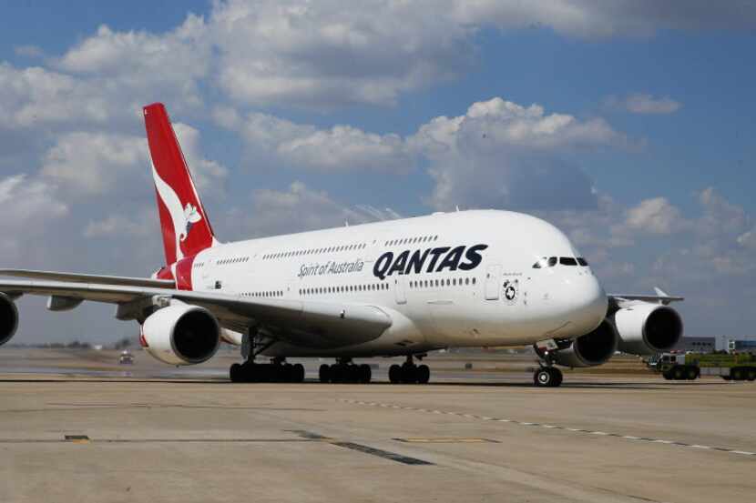 The first Qantas A380 airplane arrived at Dallas/ Fort Worth International Airport as fire...
