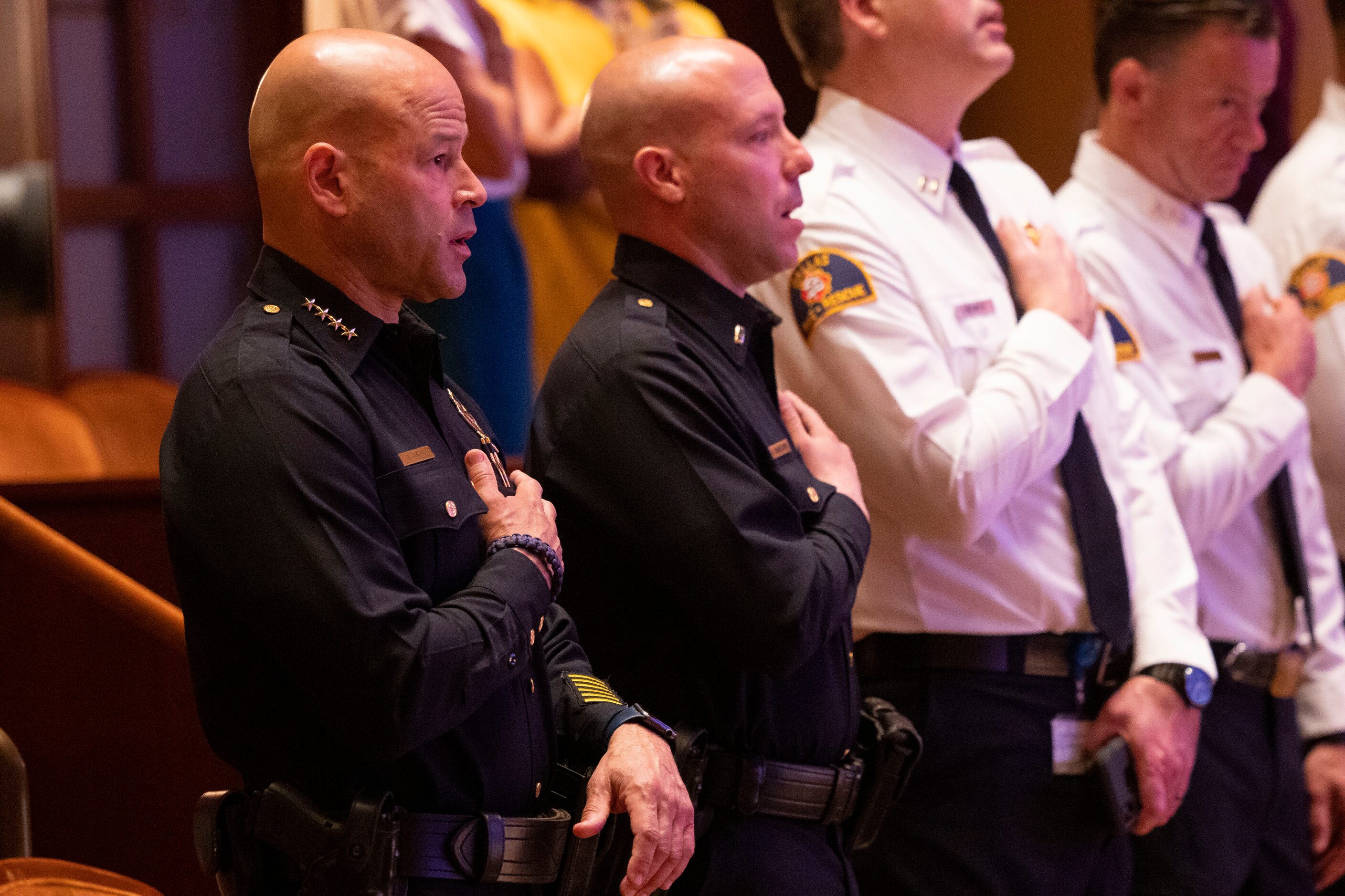 Dallas Police Chief Eddie Garcia stands for the pledge of allegiance during the Dallas City...