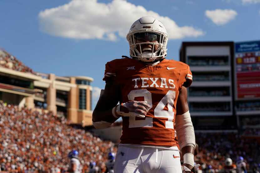 Texas running back Jonathon Brooks (24) celebrates as he scores on a touchdown run against...