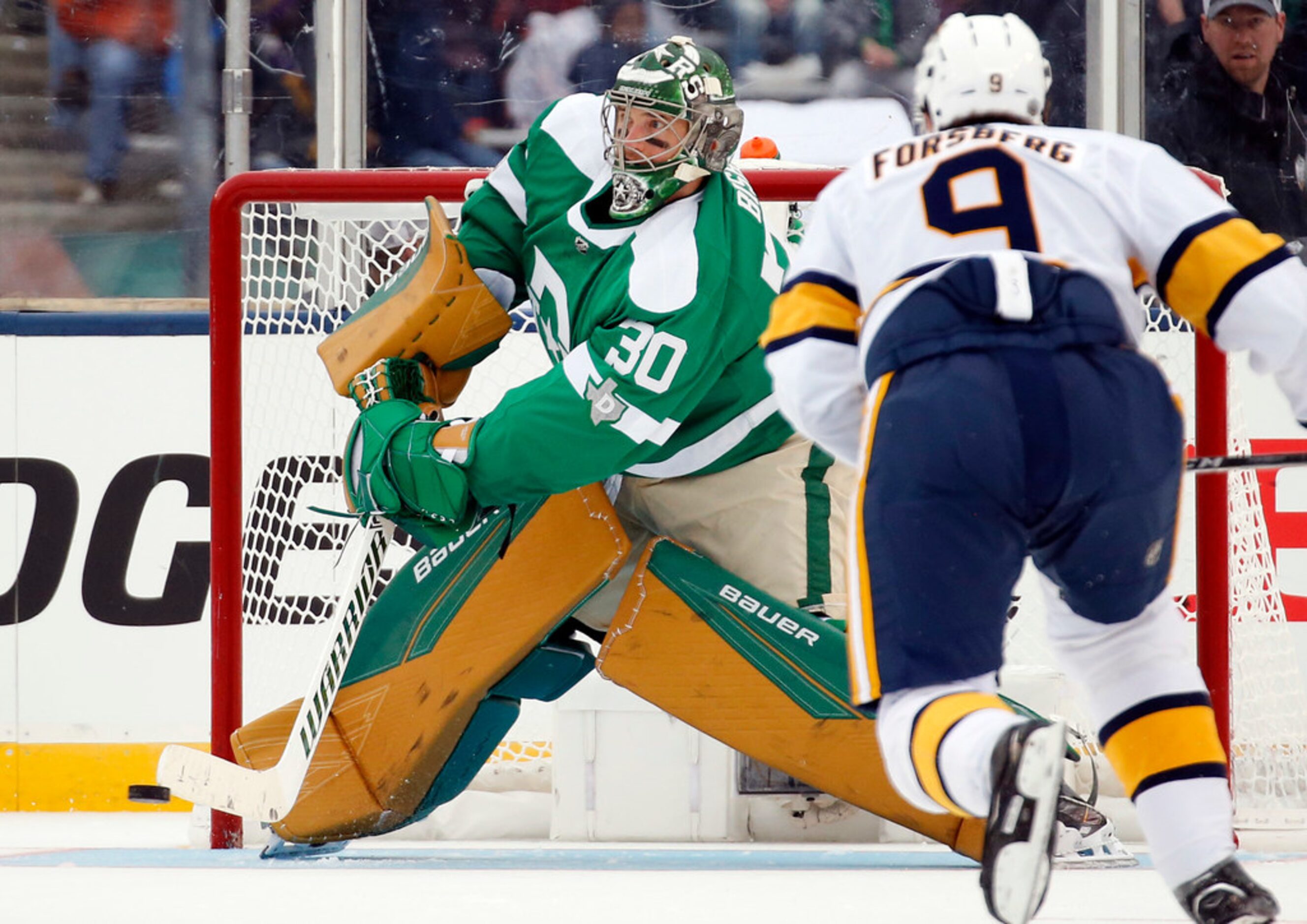 Dallas Stars goaltender Ben Bishop (30) deflects a shot as Nashville Predators left wing...