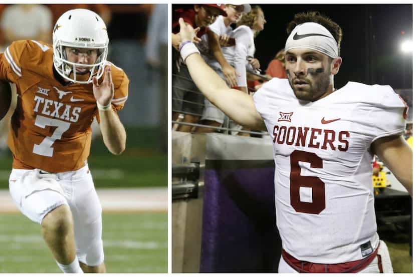 Left: Texas quarterback Shane Buechele; right: Oklahoma quarterback Baker Mayfield (staff...