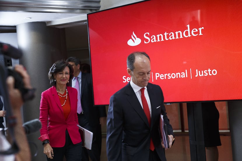 Banco Santander Chairman Ana Patricia Botin (left) arrived at a news conference in Madrid at...