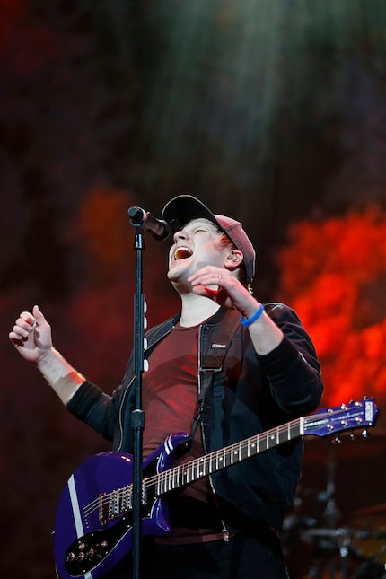 Fall Out Boy's lead vocalist and rhythm guitarist Patrick Stump performs on stage during a...