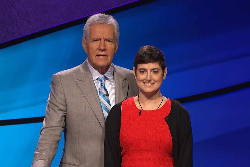 Cindy Stowell appears on the Jeopardy set with Alex Trebek in August. (Jeopardy Productions)