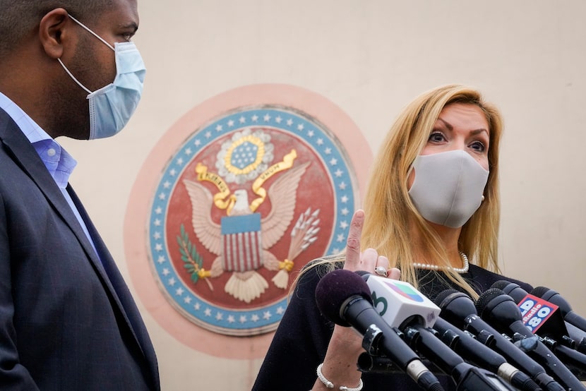 U.S. Rep. Beth Van Duyne and Dallas Mayor Eric Johnson address reporters outside the Tower...