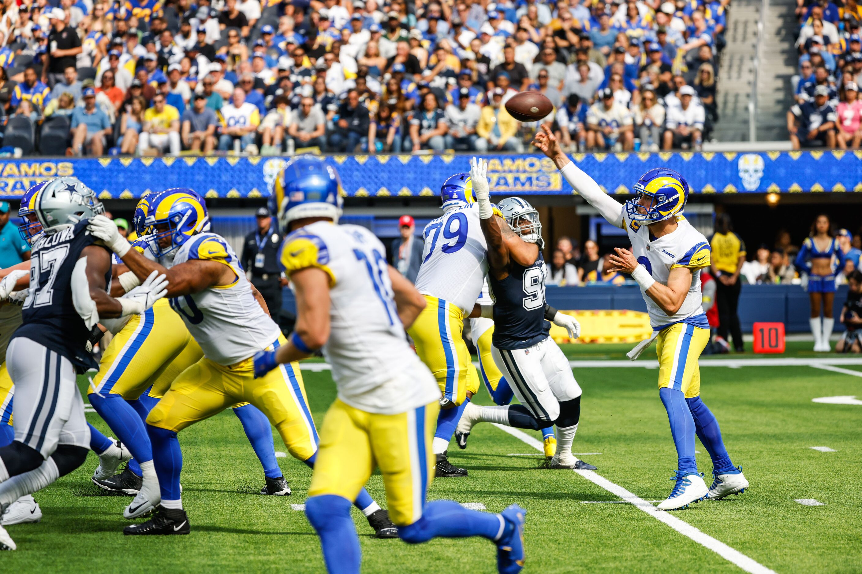 Los Angeles Rams quarterback Matthew Stafford (9) makes a pass against Dallas Cowboys during...