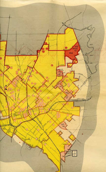 A map of Civil Defense shelters in East Dallas during the Cold War era.