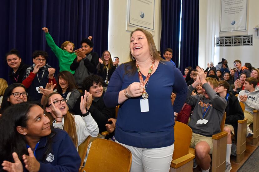 Susan Moreno, a J.L. Long Middle School Spanish teacher, is shocked as she's named a 2019...
