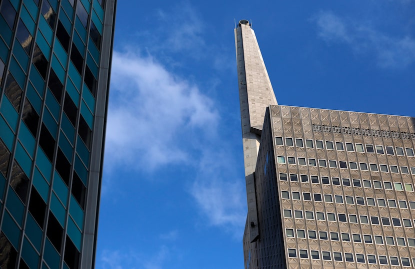 The aluminum-clad spire atop the Republic Bank tower.
