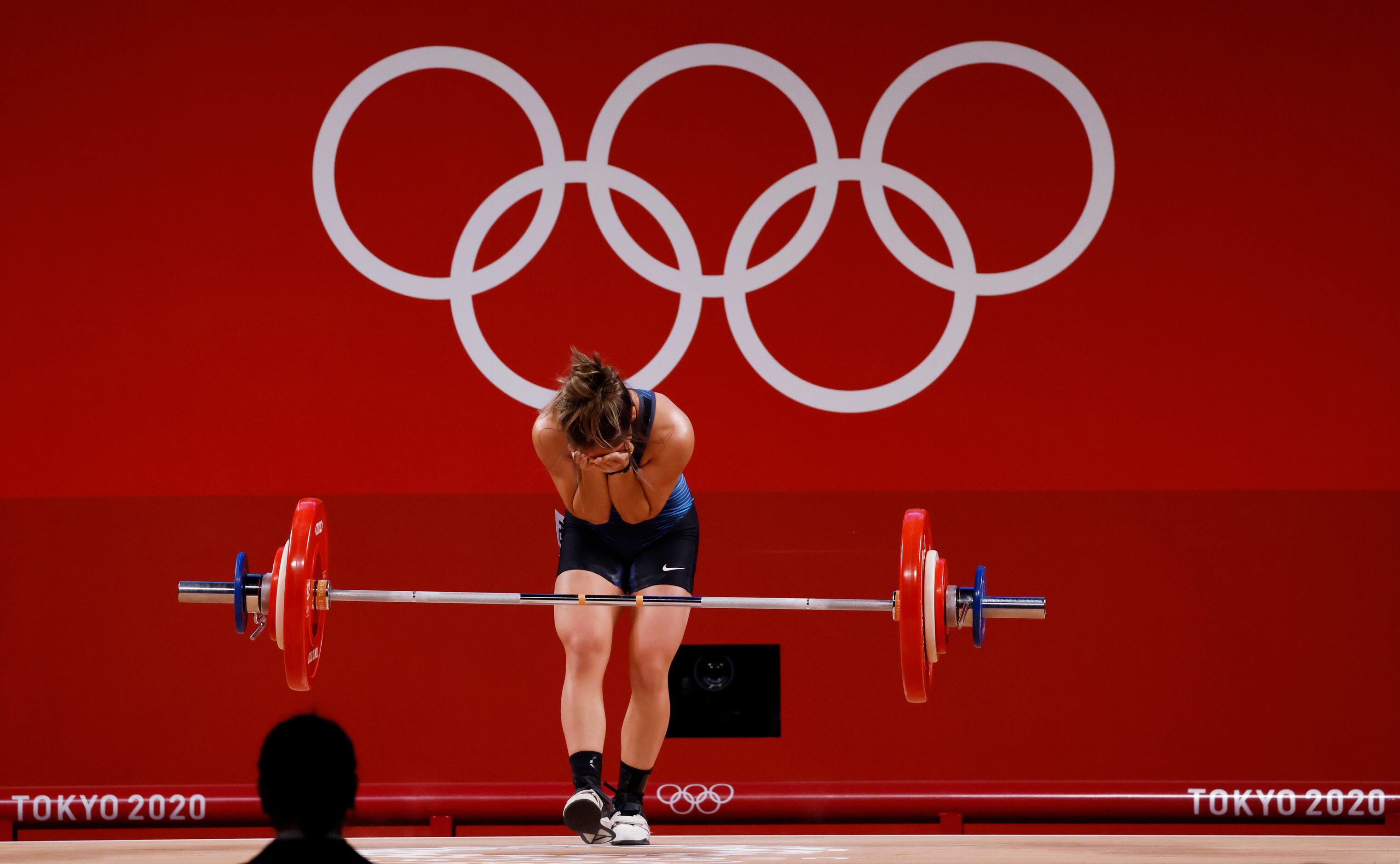 USA’s Jourdan Delacruz attempts to lift 89kg on her third attempt of the snatch round during...