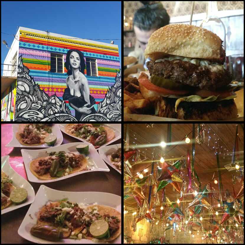 Tastes of San Antonio, clockwise from upper left: A mural near downtown; the burger at...