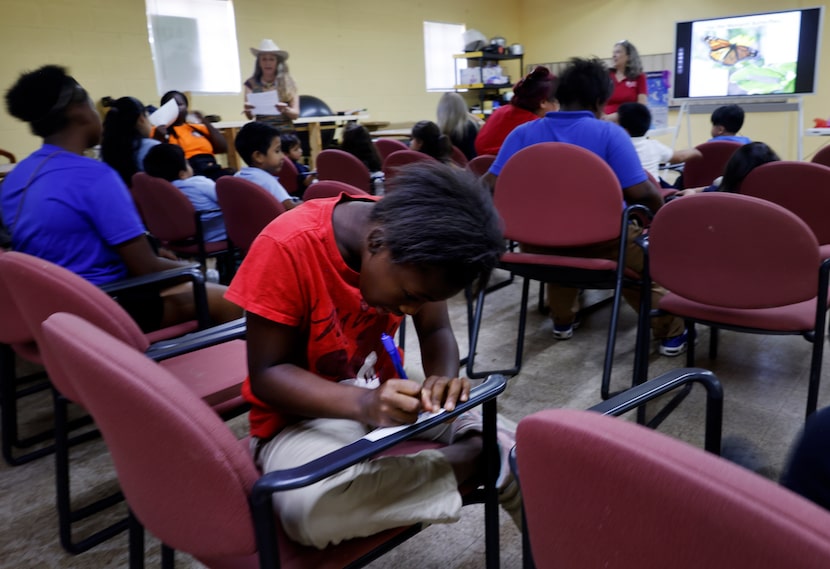 Shyanna Gray, 7, writes down her answers to questions about Monarch butterflies asked during...