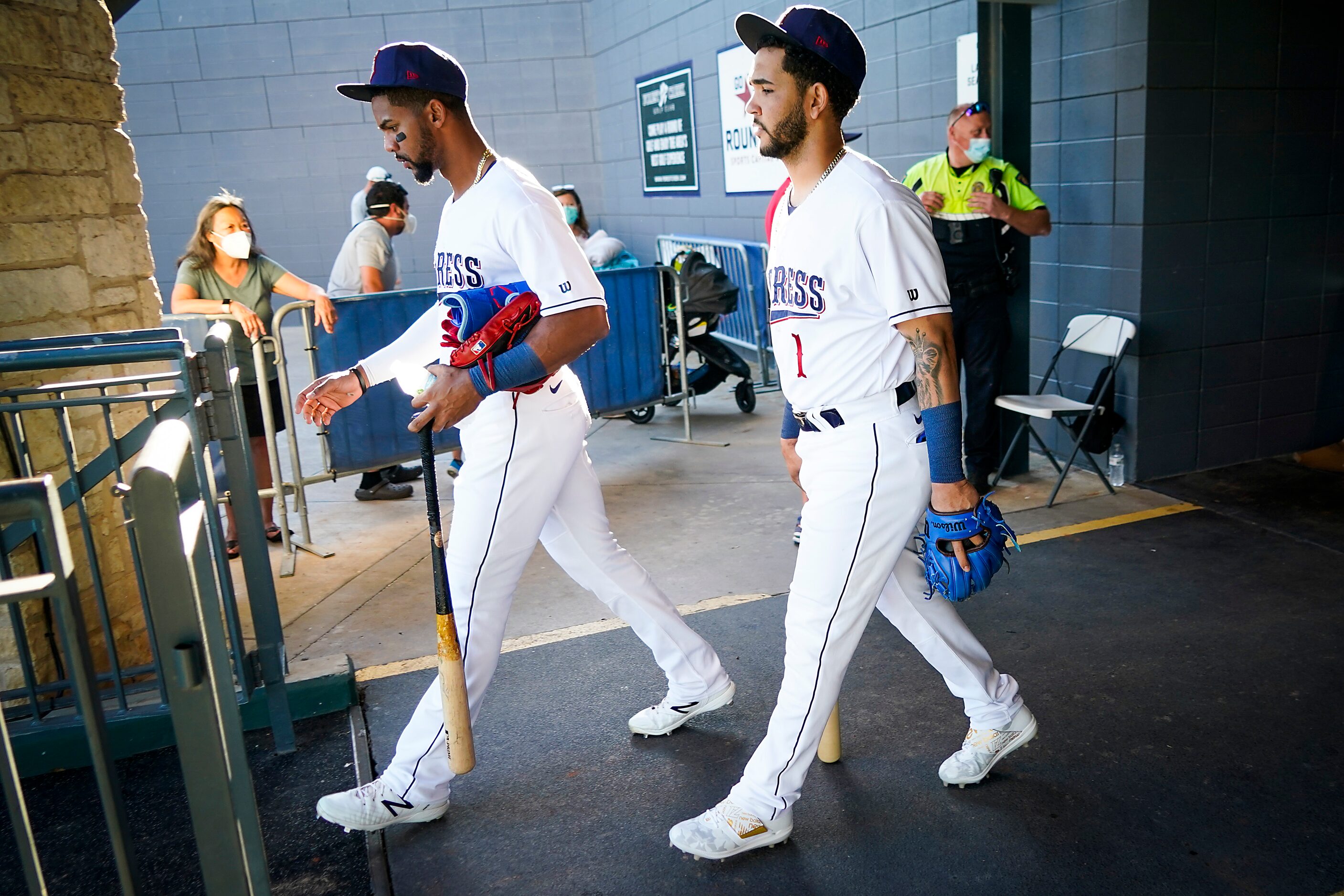 Round Rock Express outfielder Leody Taveras (left) and infielder Anderson Tejeda take the...