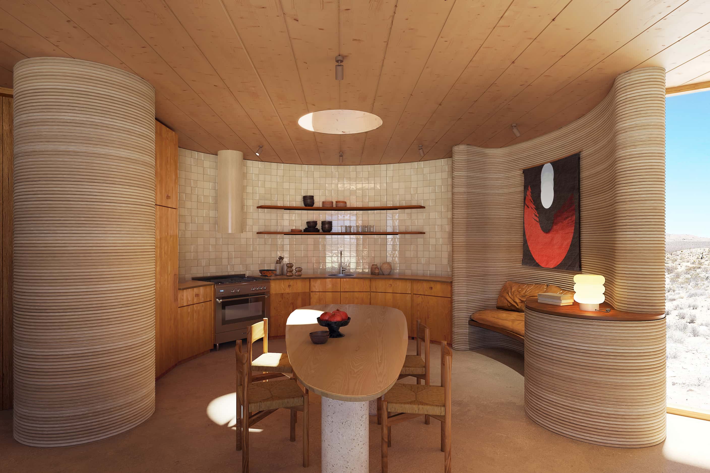 This is a concept rendering of a kitchen within a two-bedroom home at the new El Cosmico....