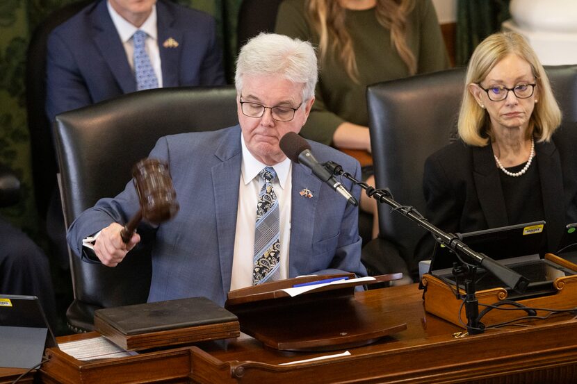 Texas Lt. Gov. Dan Patrick (left) adjourns the Senate as they head to deliberations during...