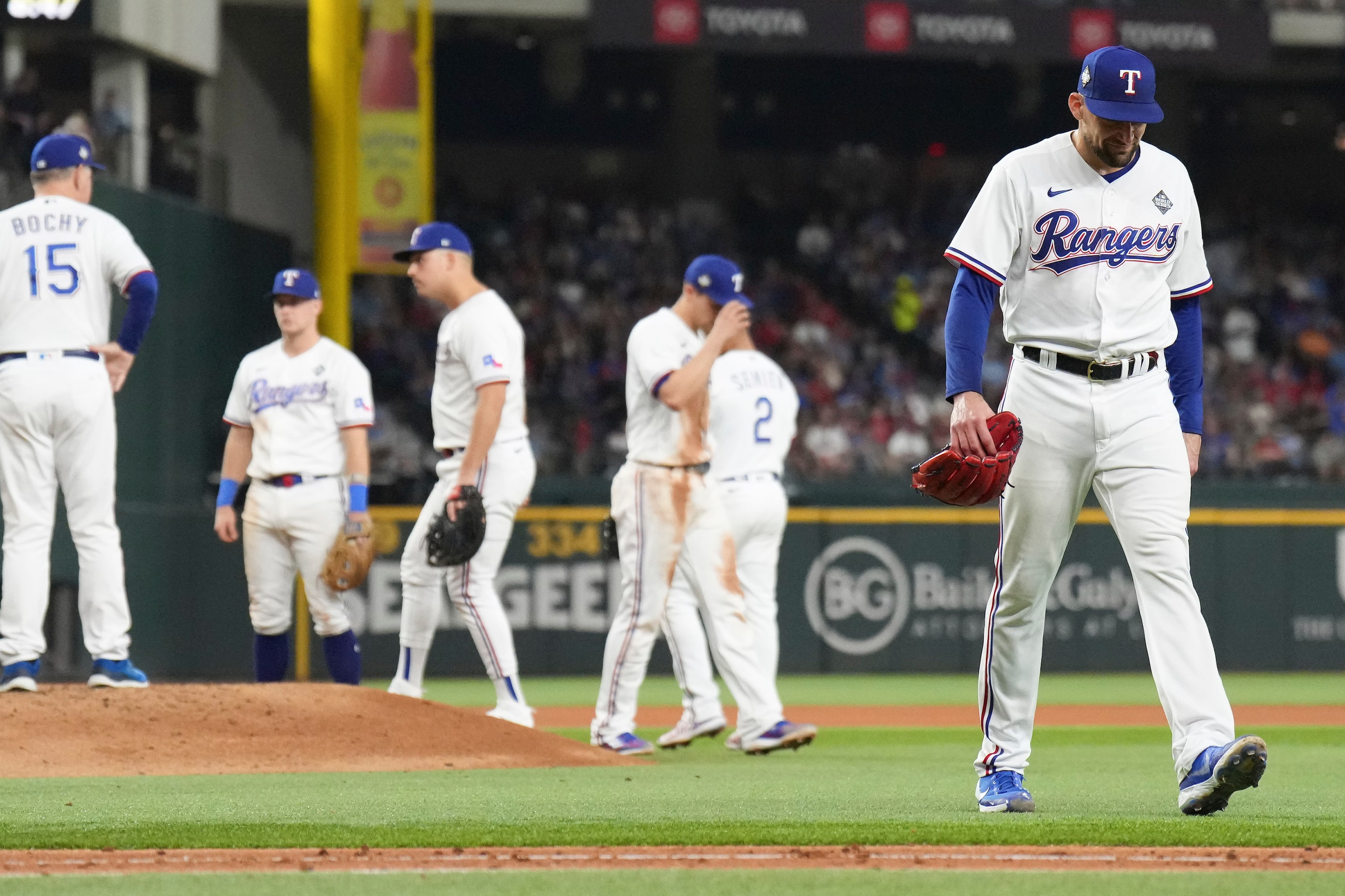 Texas Rangers starting pitcher Nathan Eovaldi exits during the fifth inning in Game 1 of the...