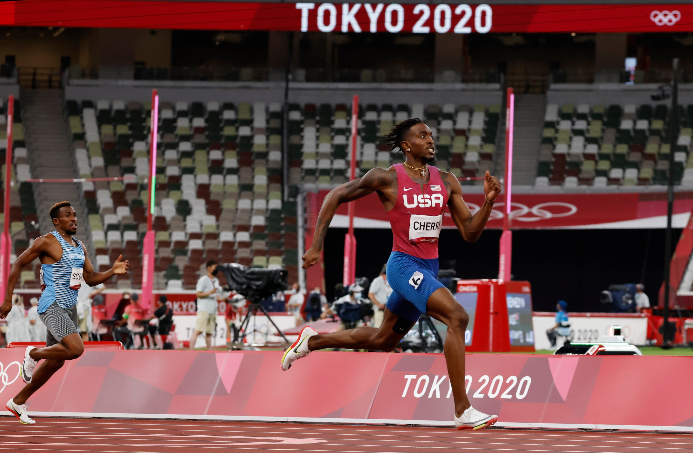 USA’s Michael Cherry races to the finish in the men’s 400 meter semifinal during the...