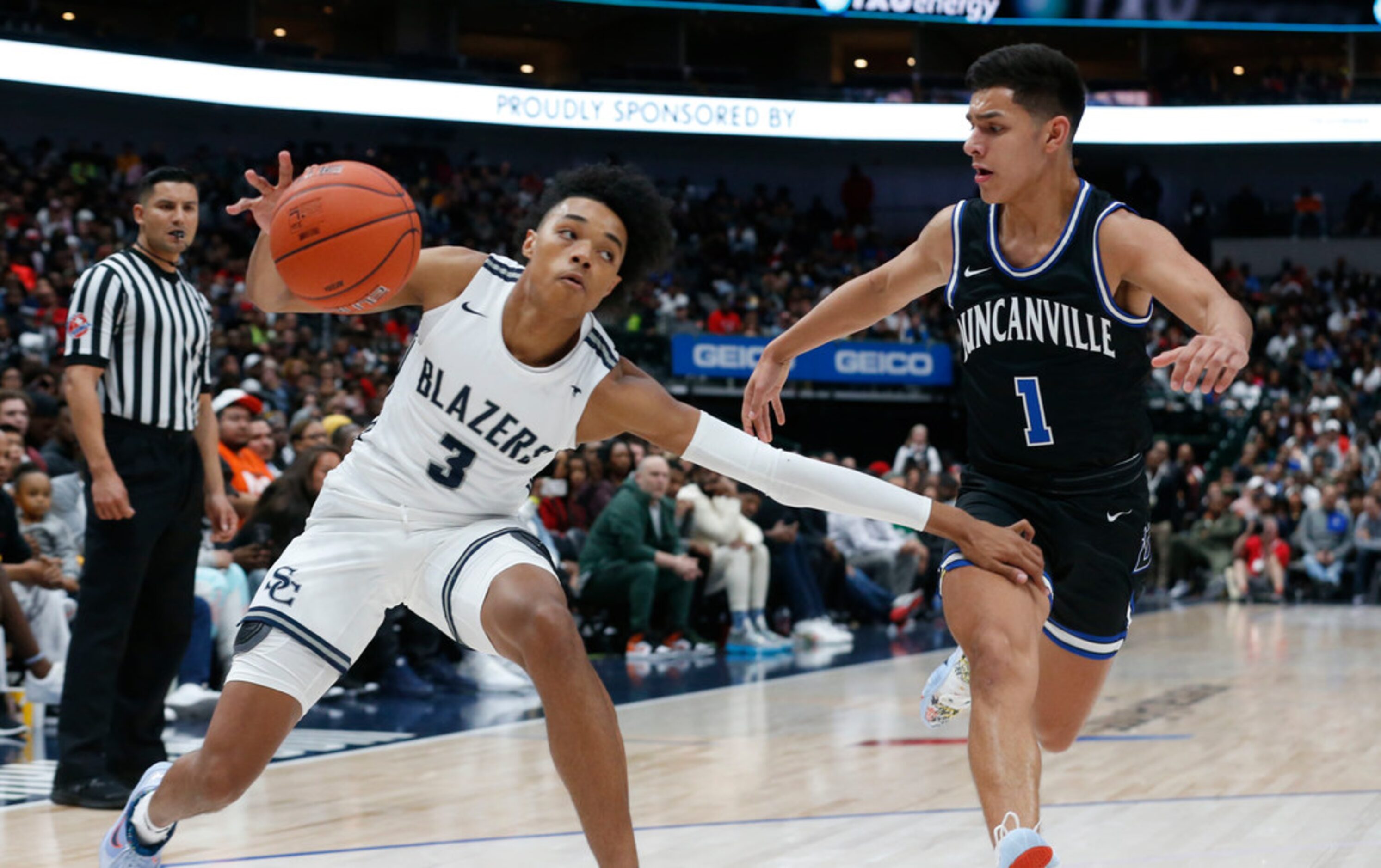 Sierra Canyon's Brandon Boston Jr. (3) tries to get separation from Duncanville's Juan Reyna...